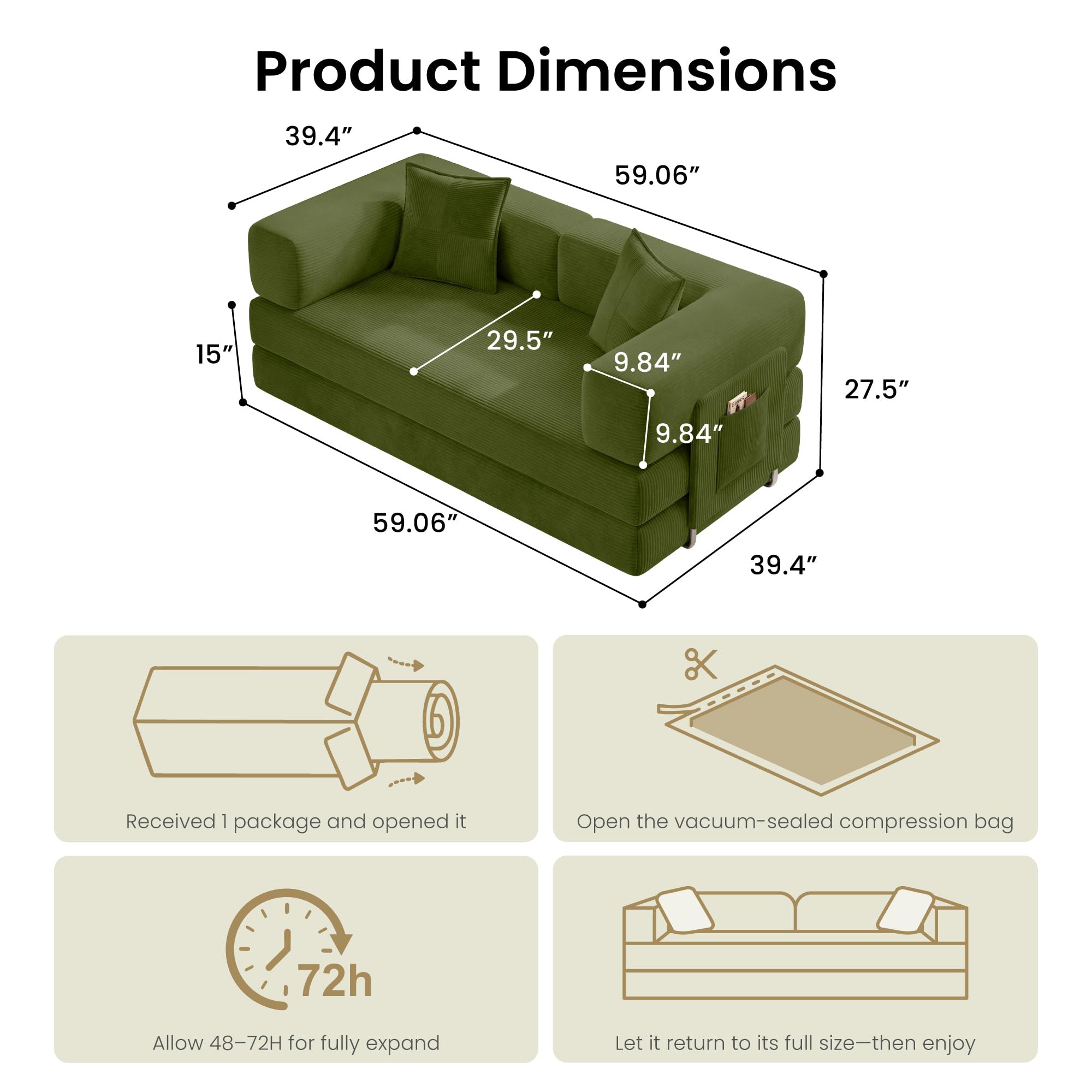 78.8" Convertible Futon Sofa Bed,Corduroy Futon Couch with Storage Pocket,Folding Pull Out Sofa,No Assembly Boneless Couch for Living Room | Pink