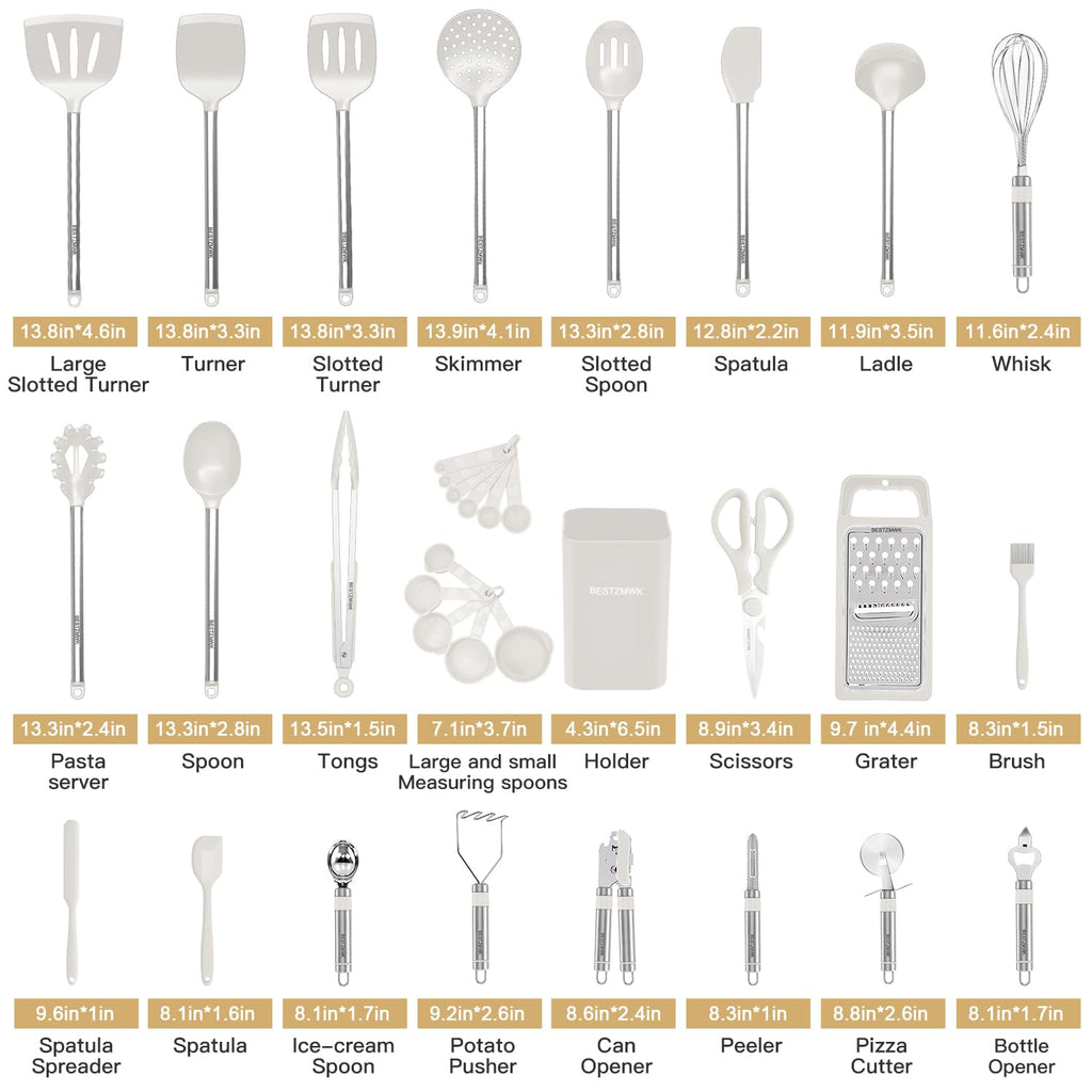 Kitchen Utensil Set-Silicone Cooking Utensils-33 Kitchen Gadgets & Spoons for Nonstick Cookware-Silicone and Stainless Steel Spatula Set-Best Kitchen Tools, Useful Pots (Khaki)