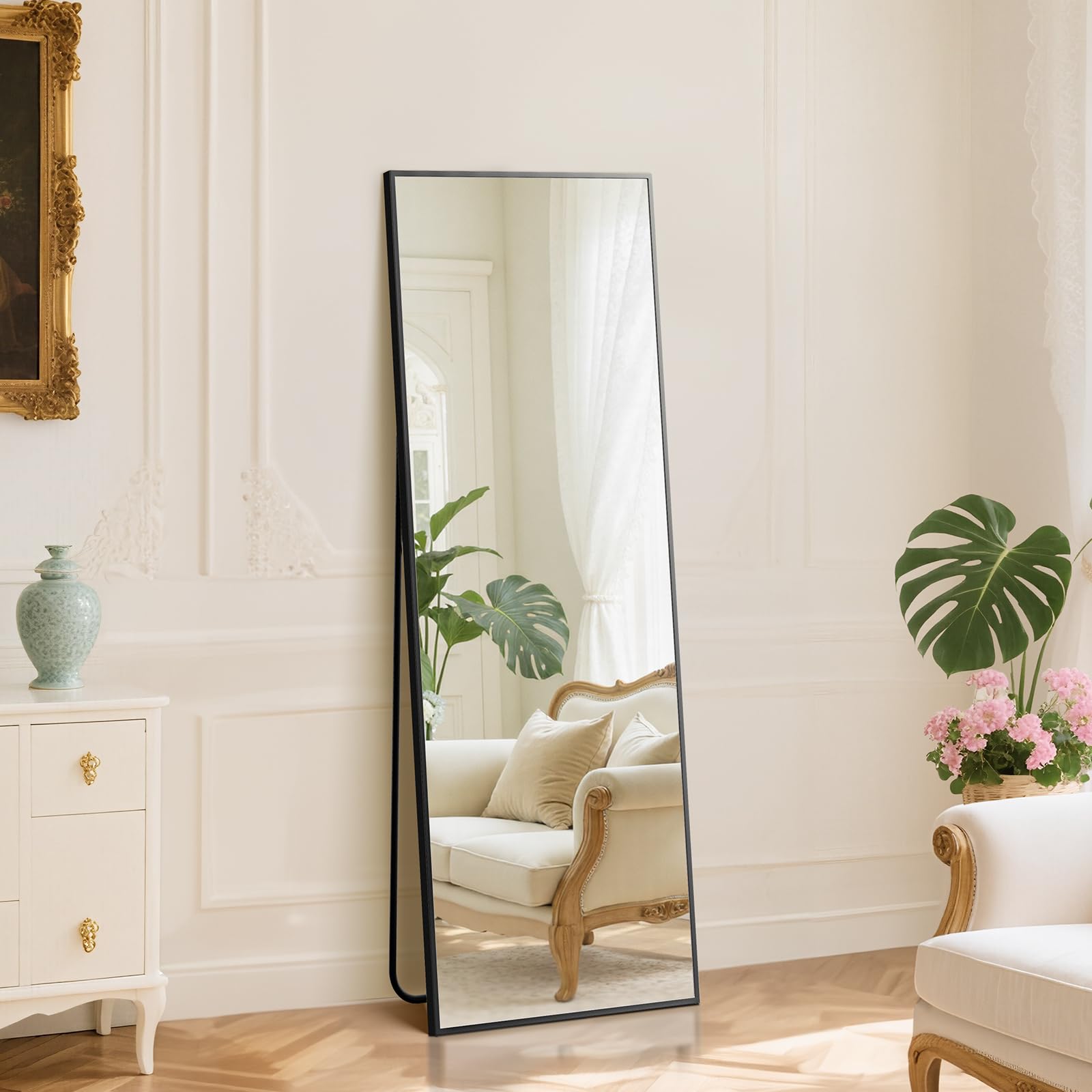 DUMOS Arched Full Length Mirror with Stand 64"x21" Floor Standing Aluminum Frame for Bedroom Body Hanging Leaning Modern Simple Home Decor Shatter-proorf Nano Glass Wall Living Room Cloakroom Black
