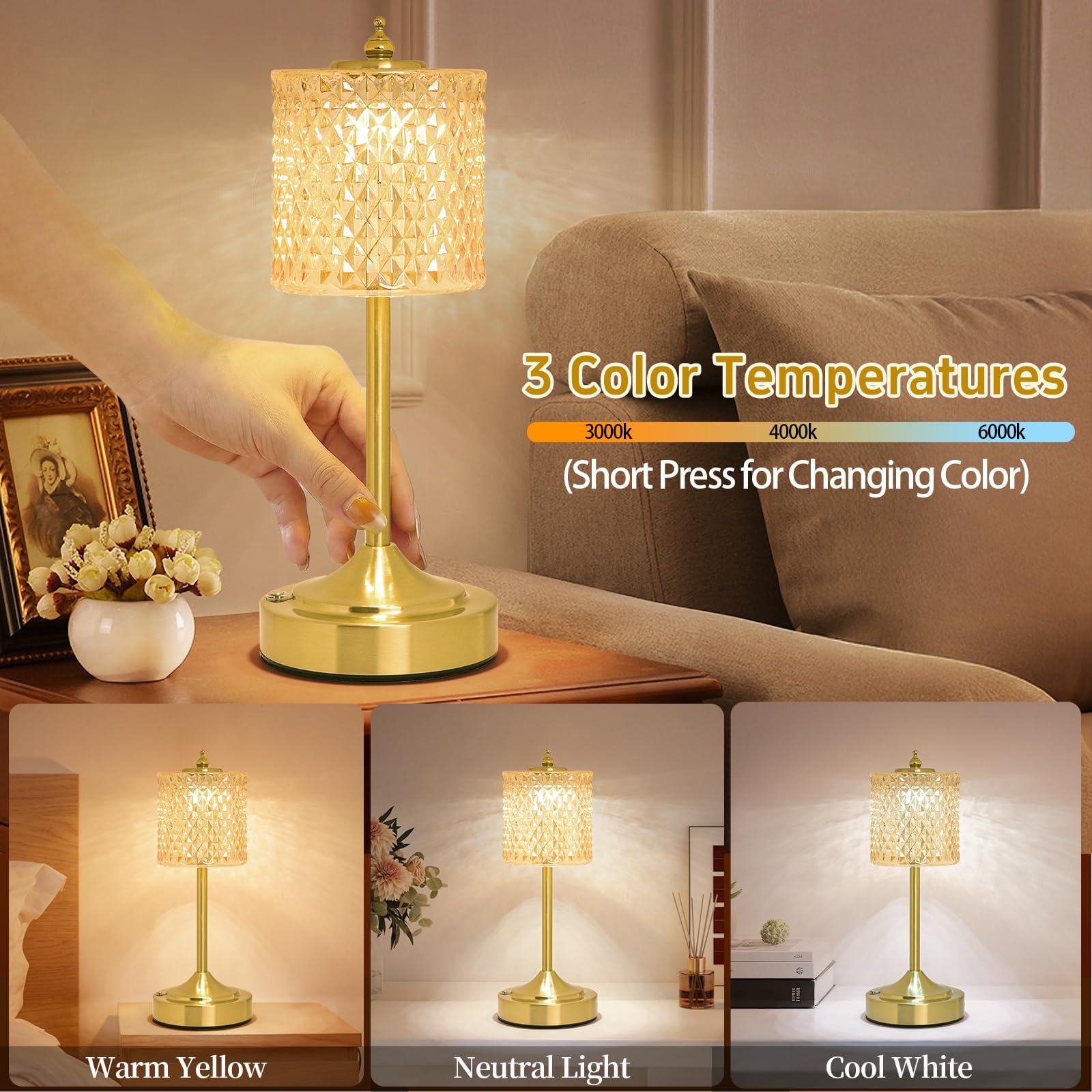 Cordless Lotus Flower Table Lamp, 5200mAh Rechargeable Battery Operated Portable Lamp, 3-Color Dimmable Touch Control Small Desk Lamp for Bedroom, Office, Kitchen, Nightstand,Room Decor (Flower Amber)