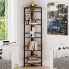 BON AUGURE 5-Tier Corner Ladder Shelf Stand, Black Metal Wood Corner Bookshelf, Narrow Tall Display Bookcase Shelving Unit for Living Room, Home Office, Small Space (Rustic Oak)