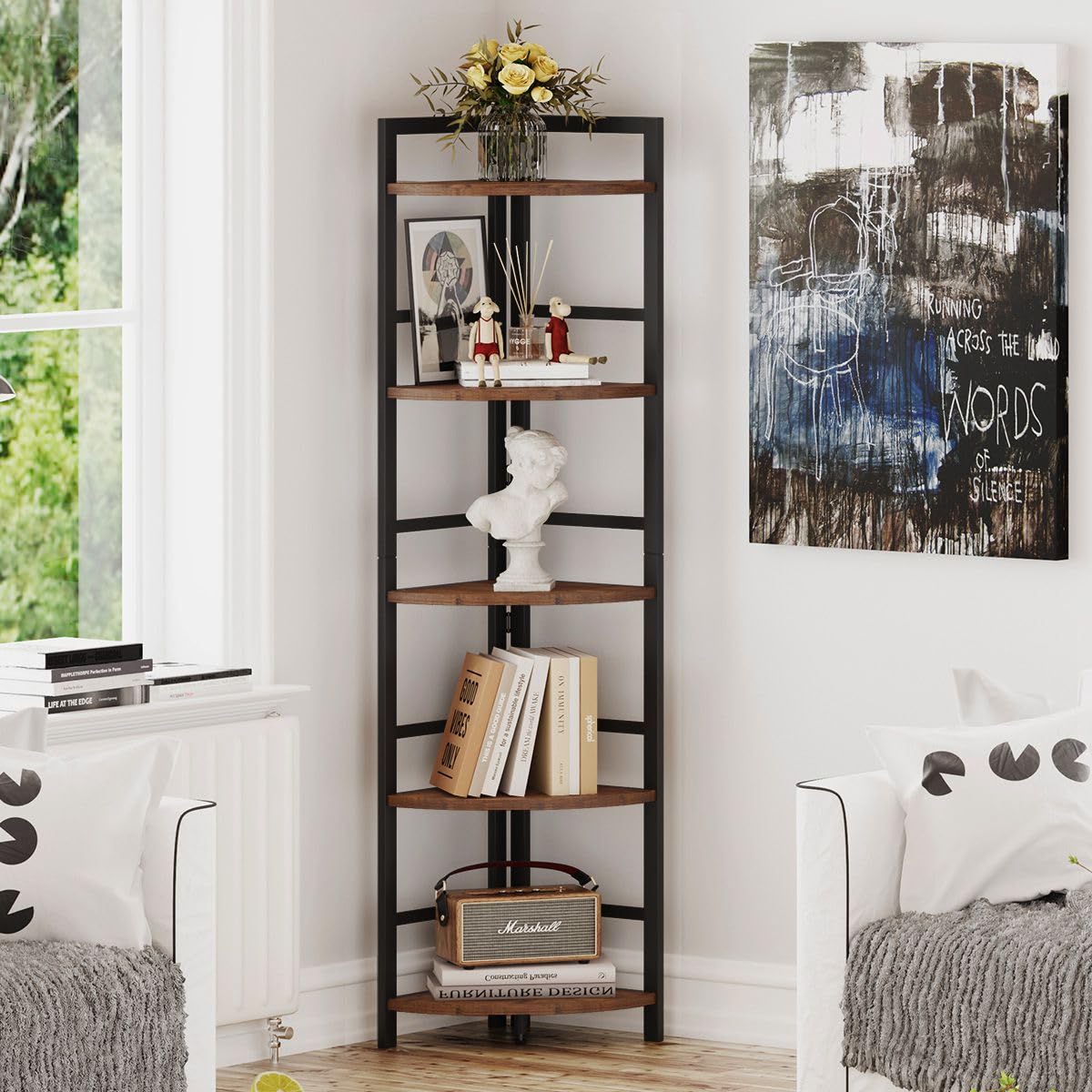 BON AUGURE 5-Tier Corner Ladder Shelf Stand, Black Metal Wood Corner Bookshelf, Narrow Tall Display Bookcase Shelving Unit for Living Room, Home Office, Small Space (Rustic Oak)