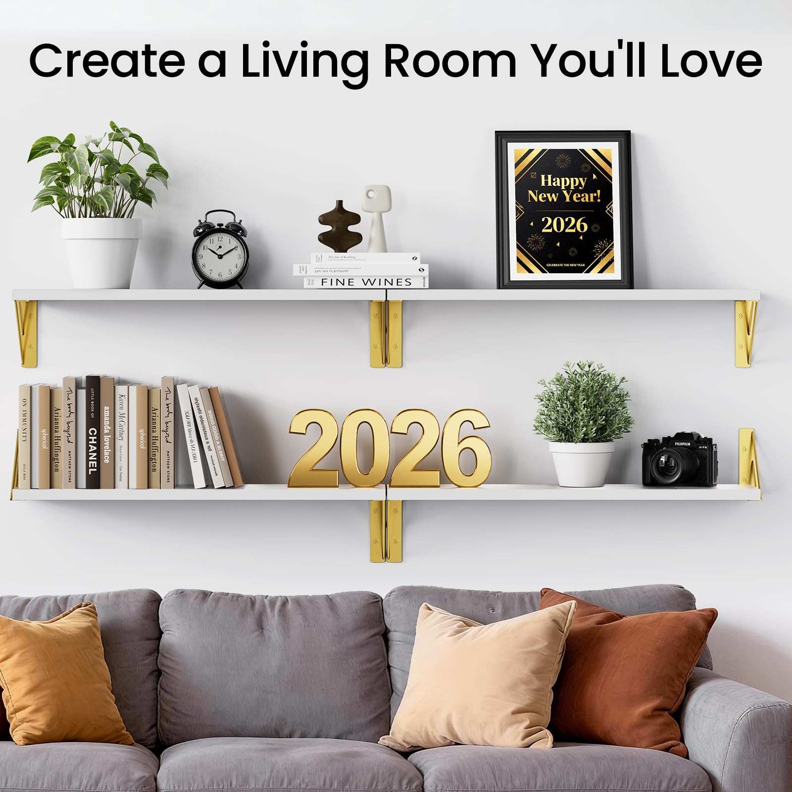 BAYKA Floating Shelves for Bedroom Decor, Wall Shelves for Storage, Wall Mounted Rustic Wood Floating Shelf for Books,Corner Shelf for Bathroom,Kitchen,Living Room(Black and Gold，Set of 4)