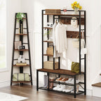 BON AUGURE 5-Tier Corner Ladder Shelf Stand, Black Metal Wood Corner Bookshelf, Narrow Tall Display Bookcase Shelving Unit for Living Room, Home Office, Small Space (Rustic Oak)
