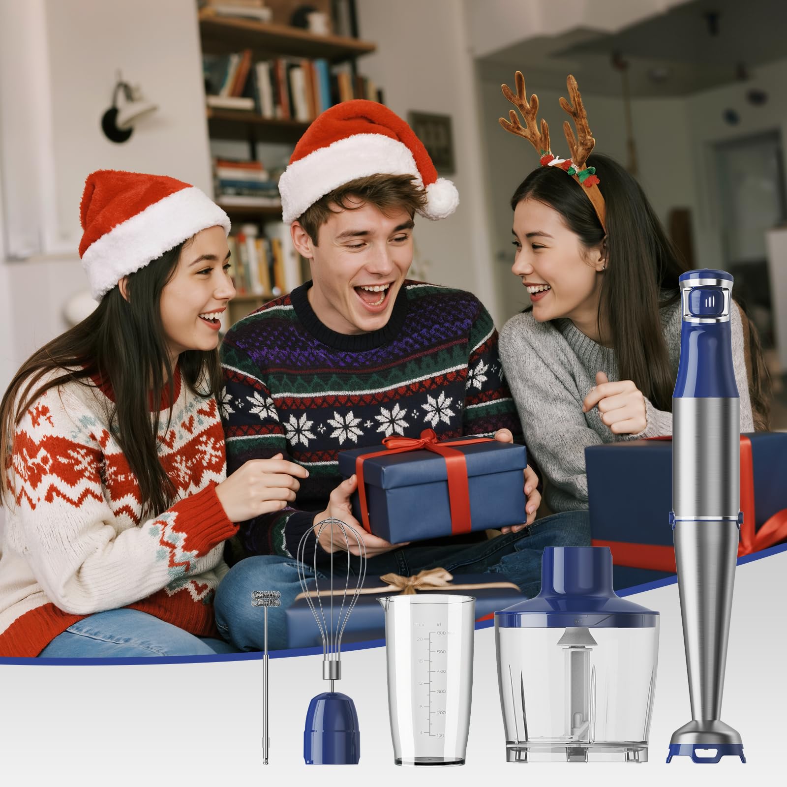Turelar Immersion Blender Handheld Corded Hand Blenders Set 1100W, Trigger Variable Speed 5 in 1 Stick Emulsifier with Chopper, Whisk and Frother for Soup, Baby Food and Smoothies, Navy Blue