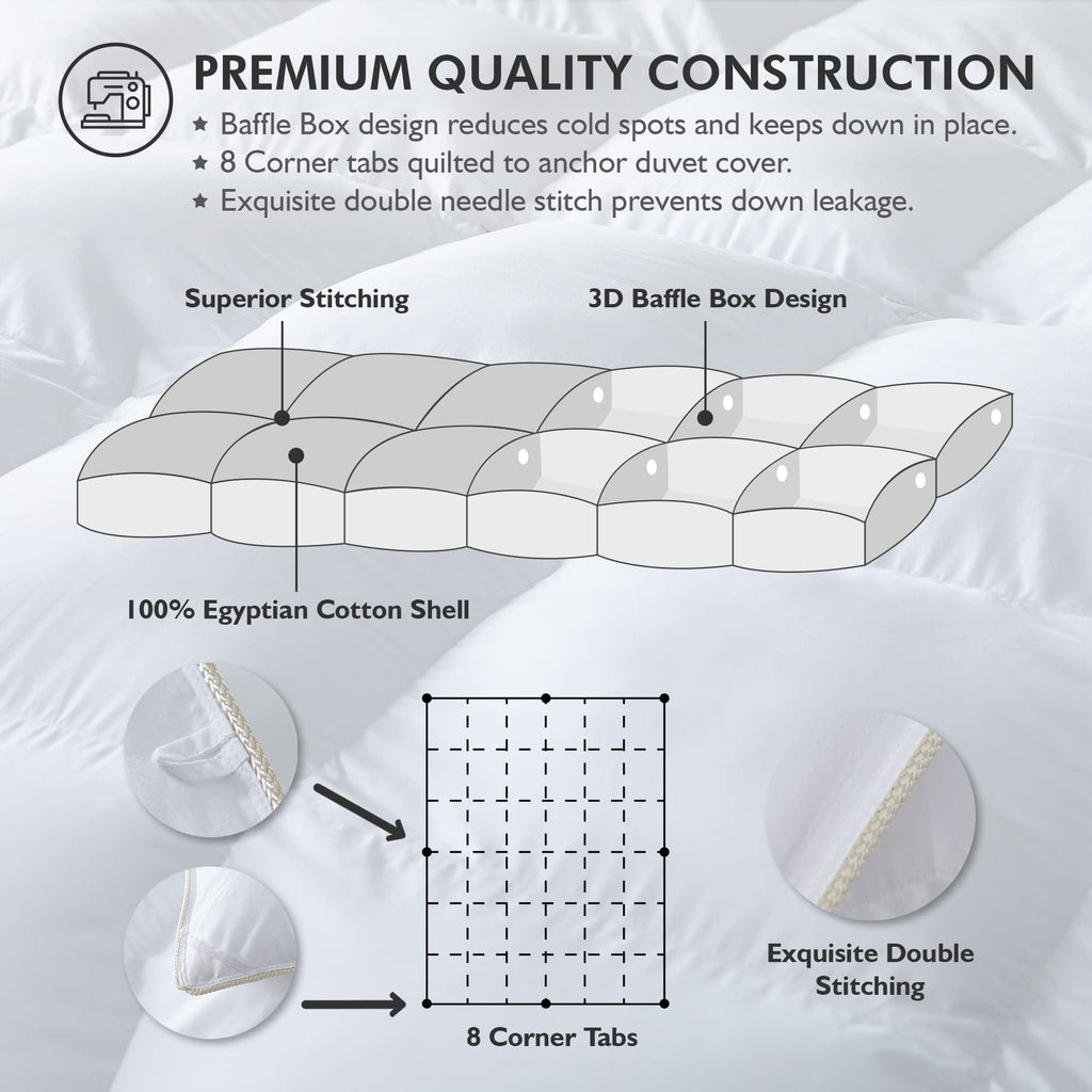 Luxurious White Solid Heavy Weight, Palatial King Size Goose Feathers Down Comforter for Winter Weather, 120 X 98 inches, Premium Baffle Box, 100% Egyptian Cotton Cover, 95 oz. Fill Weight
