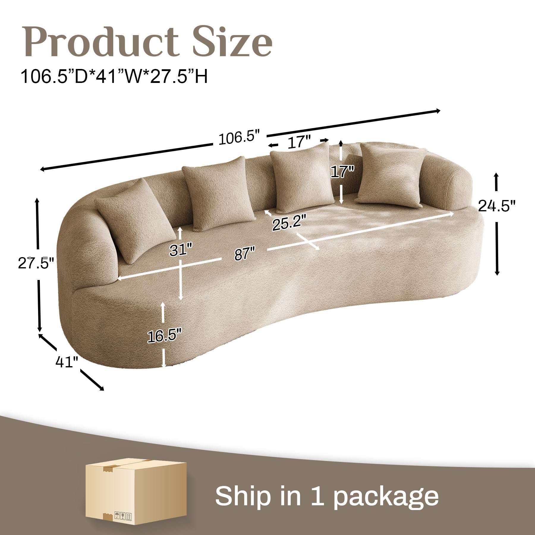 131" Oversized Sectional Sofa for Living Room, Modern Luxury Plush Chenille 4-Seater Extra Deep & Wide Seat Curved Cloud Couch with 4 Throw Pillows, No Assembly Needed, Light Brown