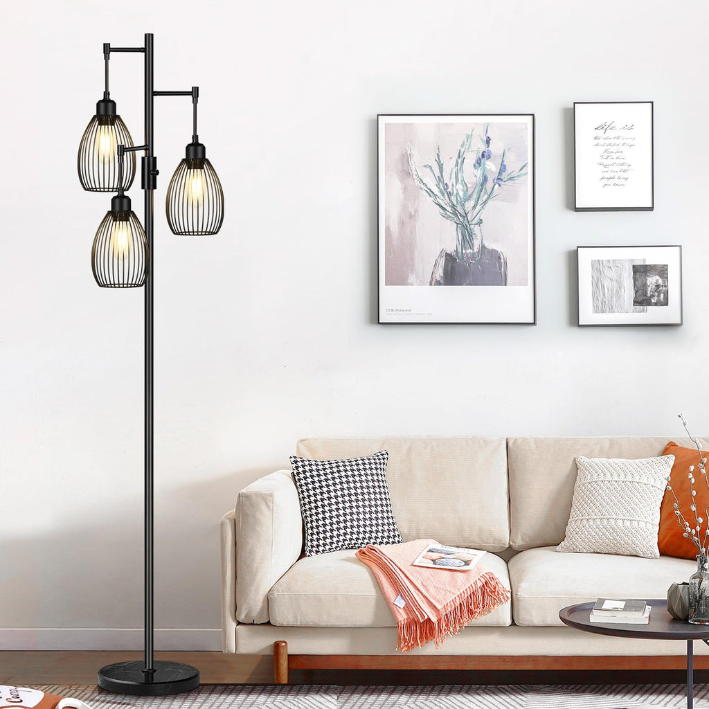 Dimmable Floor Lamp, Industrial Floor Lamps for Living Room, Gold Tree Lamp Standing Lamp Tall Lamps with 3 Elegant Teardrop Cage Head & 800 Lumens LED Bulbs for Living room Bedroom Office Dining Room