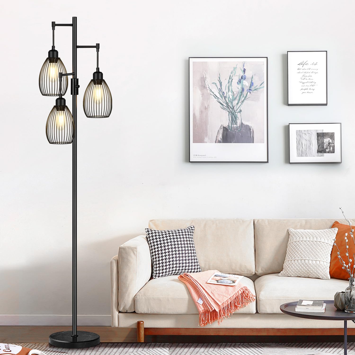 Dimmable Floor Lamp, Industrial Floor Lamps for Living Room, Gold Tree Lamp Standing Lamp Tall Lamps with 3 Elegant Teardrop Cage Head & 800 Lumens LED Bulbs for Living room Bedroom Office Dining Room