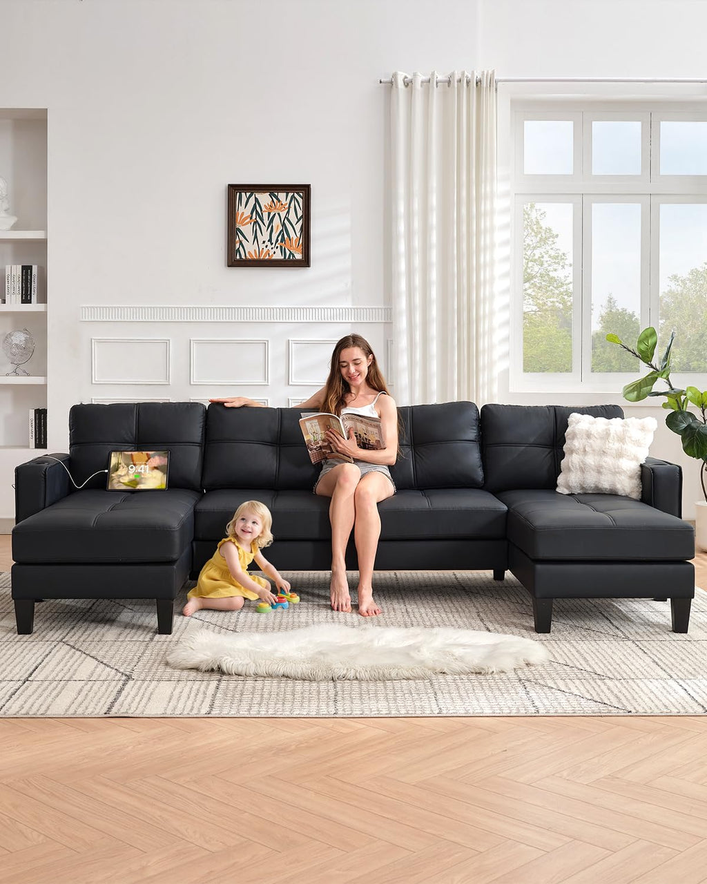 TYBOATLE 88" W Blue Faux Leather L Shaped Sectional Couches w/Side Pockets, Comfy Modular Convertible Sofas w/USB, Office Sofa Set with Chaise for Living Room, Bedroom (Blue, 3L)