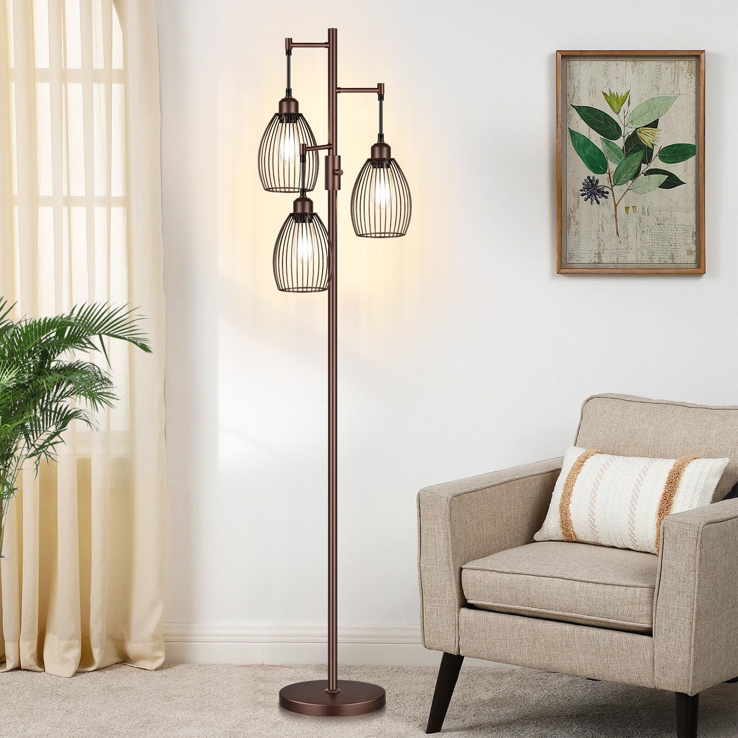 Dimmable Floor Lamp, Industrial Floor Lamps for Living Room, Gold Tree Lamp Standing Lamp Tall Lamps with 3 Elegant Teardrop Cage Head & 800 Lumens LED Bulbs for Living room Bedroom Office Dining Room
