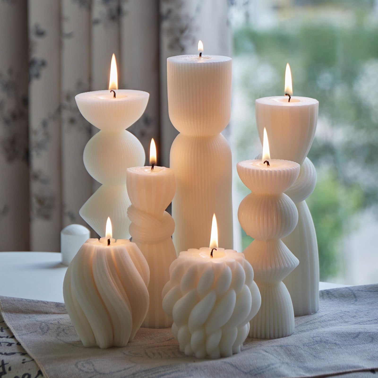 7 Pcs Large Ribbed Pillar Candles - Handmade Soy Wax Candles for Home Decor, Modern Shelf Decor, Housewarming Gift, Aesthetic Room Decor (White)
