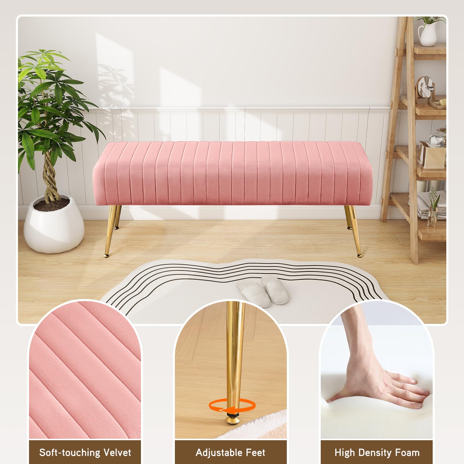 Furnimart 44 Inch Green Velvet Bench Ottoman Comfortable Footrest Stool Table Bench Dining Bench Tufting Bench Indoor Bench with Gold Legs for Living Room Bedroom Entryway (Velvet-Green)