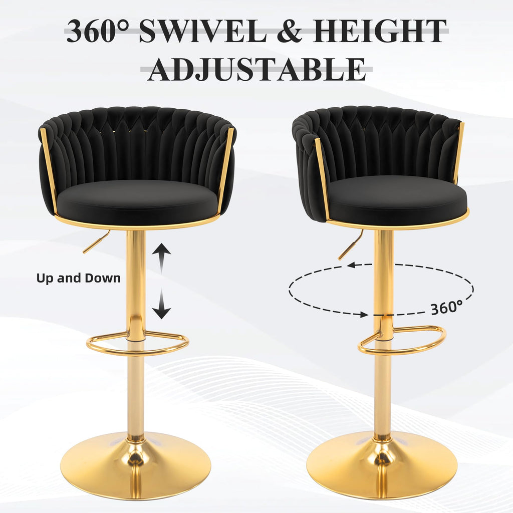 ABET Gold Bar Stool Set of 2, Velvet Swivel Barstools, Height Adjustable Counter Stools with Woven Back, Upholstered Modern Luxury Kitchen Stools with Footrest for Cafe, Pub, Black