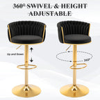 ABET Gold Bar Stool Set of 2, Velvet Swivel Barstools, Height Adjustable Counter Stools with Woven Back, Upholstered Modern Luxury Kitchen Stools with Footrest for Cafe, Pub, Black
