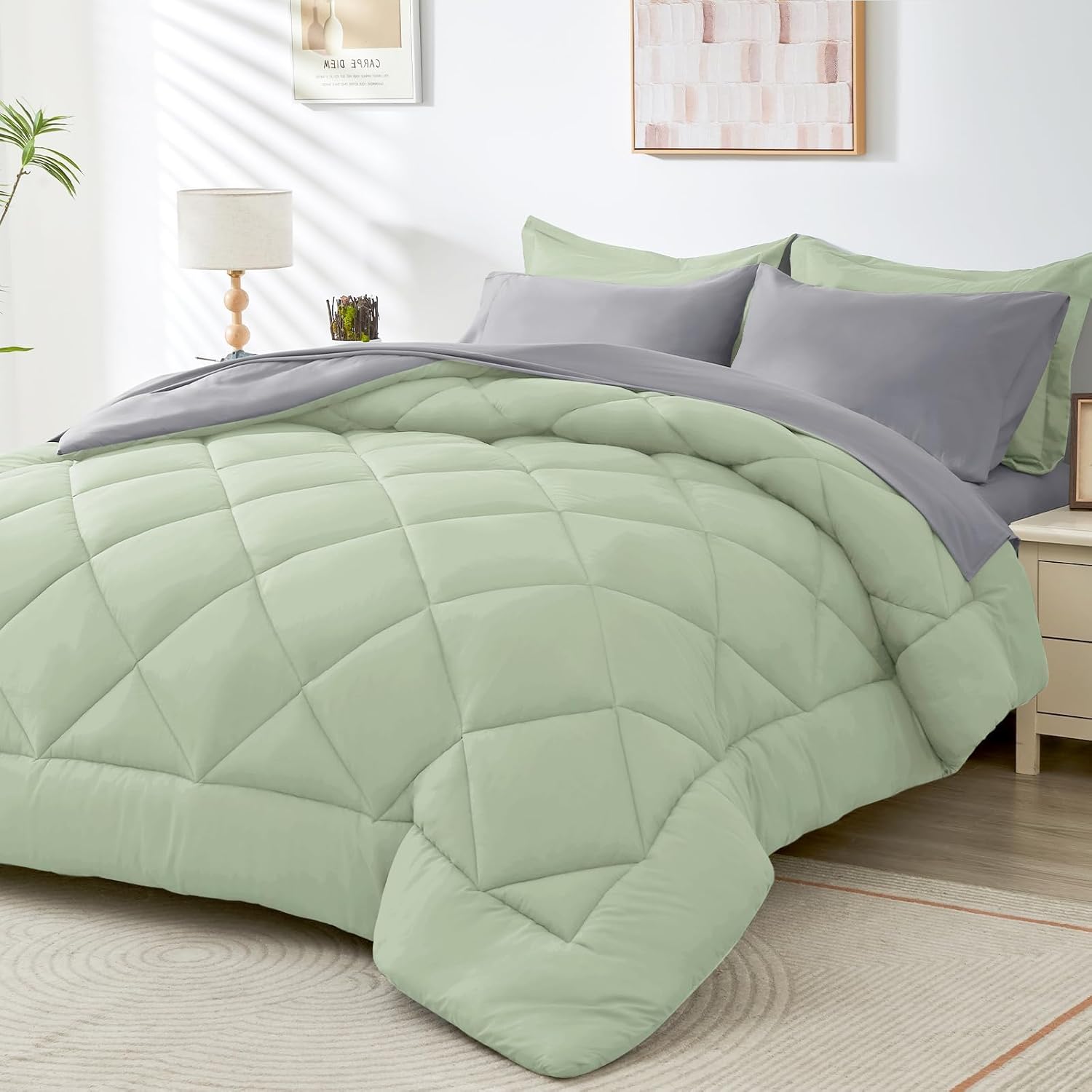 HEVUMYI 7 Pieces Queen Comforter Set, All Season Reversible Bed in a Bag, Ultra Soft Queen Bedding Set with Grey Comforter, Flat Sheet, Fitted Sheet, Pillowcases, Pillow Shams, Dark Grey