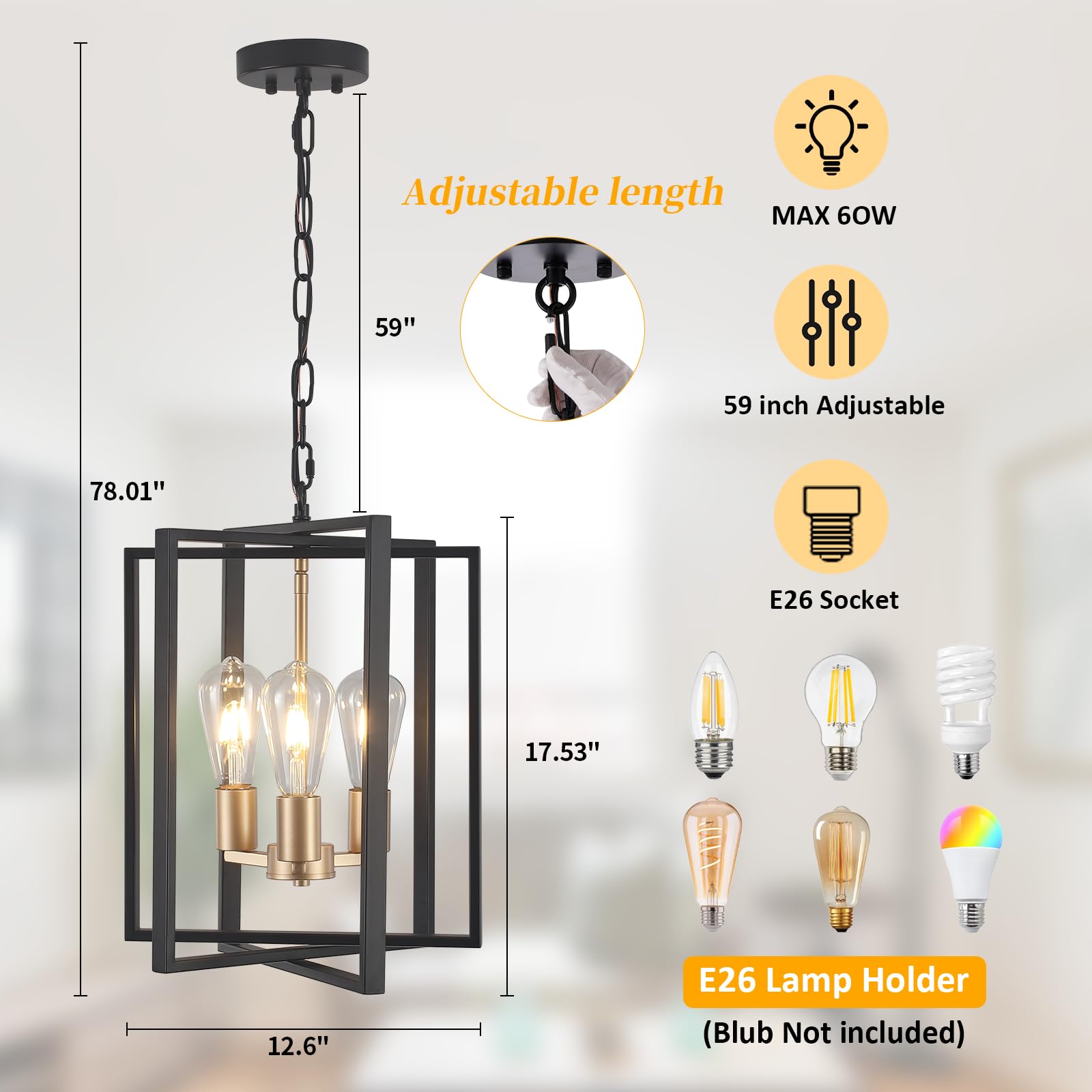 Black Gold Chandelier for Dining Room, Modern Farmhouse 3 Light Entryway Pendant Light Fixture Adjustable Geometric Industrial Rustic Foyer Light for Living Room Kitchen Island Hallway Bedroom