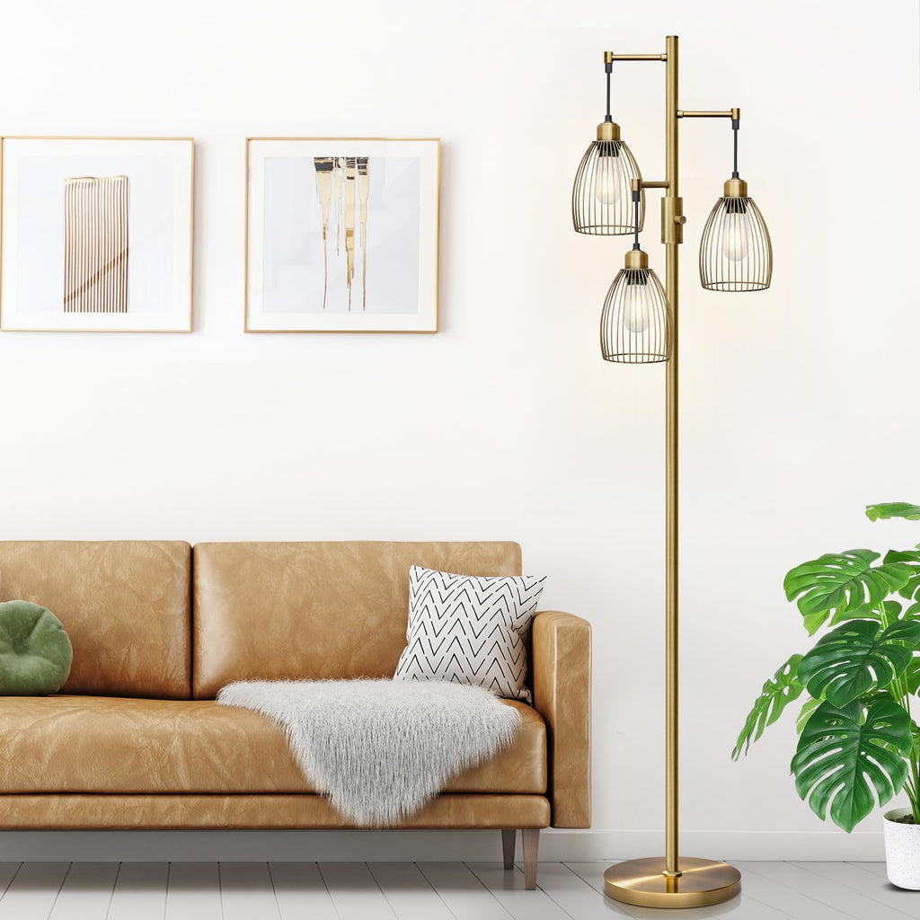 Dimmable Floor Lamp, Industrial Floor Lamps for Living Room, Gold Tree Lamp Standing Lamp Tall Lamps with 3 Elegant Teardrop Cage Head & 800 Lumens LED Bulbs for Living room Bedroom Office Dining Room