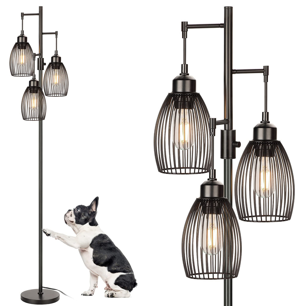 Dimmable Floor Lamp, Industrial Floor Lamps for Living Room, Gold Tree Lamp Standing Lamp Tall Lamps with 3 Elegant Teardrop Cage Head & 800 Lumens LED Bulbs for Living room Bedroom Office Dining Room