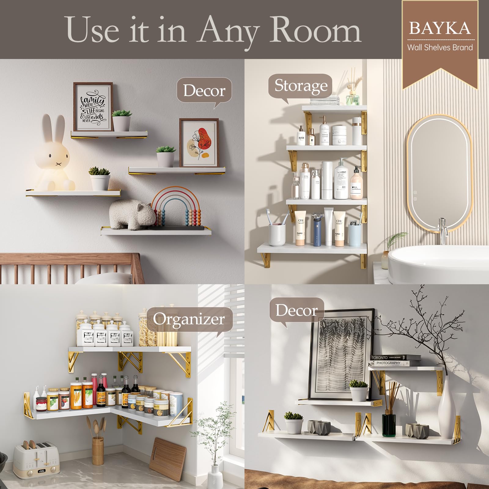 BAYKA Floating Shelves for Bedroom Decor, Wall Shelves for Storage, Wall Mounted Rustic Wood Floating Shelf for Books,Corner Shelf for Bathroom,Kitchen,Living Room(Black and Gold，Set of 4)