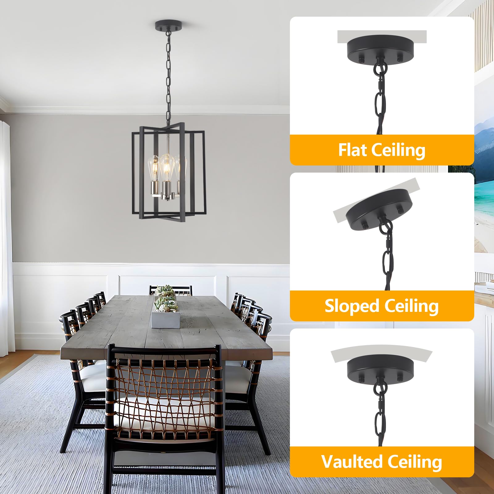 Black Gold Chandelier for Dining Room, Modern Farmhouse 3 Light Entryway Pendant Light Fixture Adjustable Geometric Industrial Rustic Foyer Light for Living Room Kitchen Island Hallway Bedroom