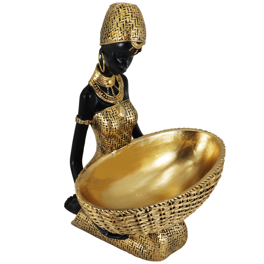 Lescafita African Woman Sculpture with Gold Leaf Bowl, Handmade Resin Figurine, Exotic Tribal Art Statue for Living Room, Dining Table, or Entryway Decoration