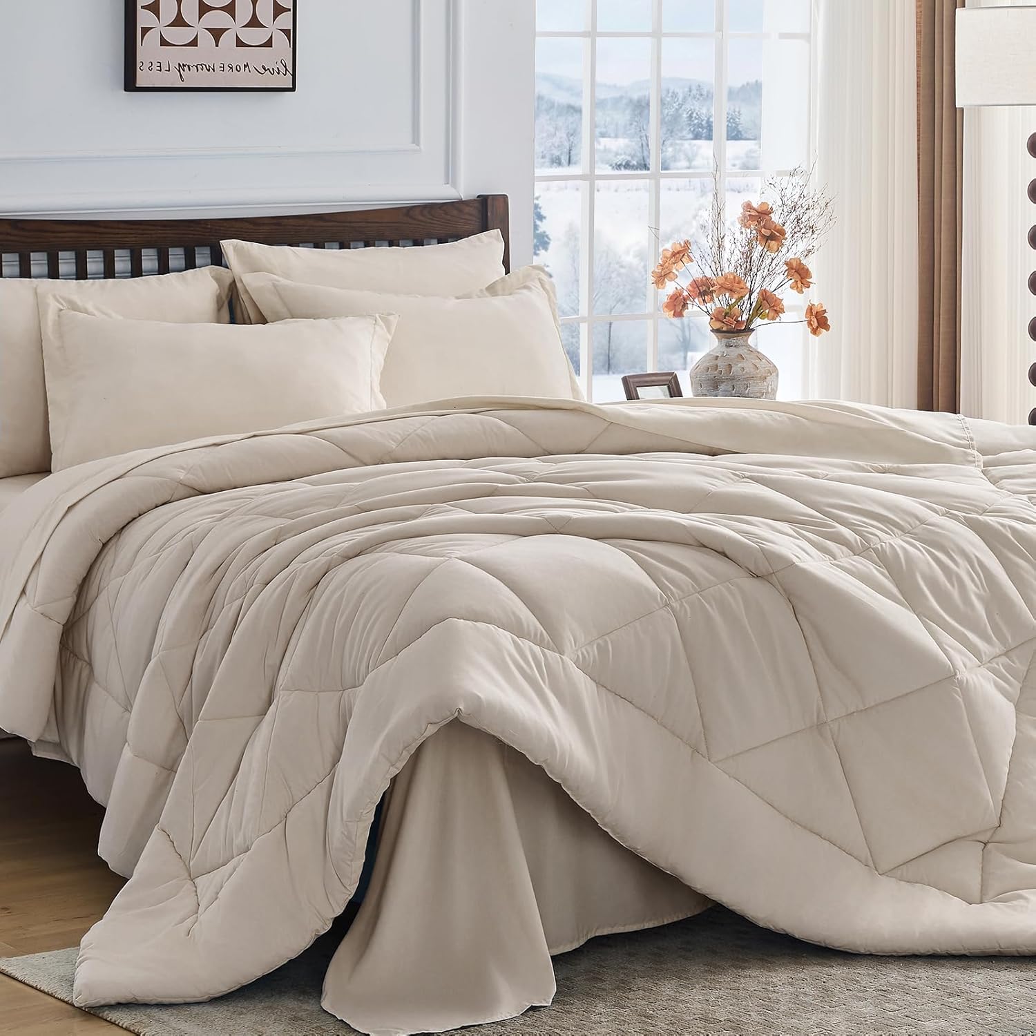 HEVUMYI 7 Pieces Queen Comforter Set, All Season Reversible Bed in a Bag, Ultra Soft Queen Bedding Set with Grey Comforter, Flat Sheet, Fitted Sheet, Pillowcases, Pillow Shams, Dark Grey