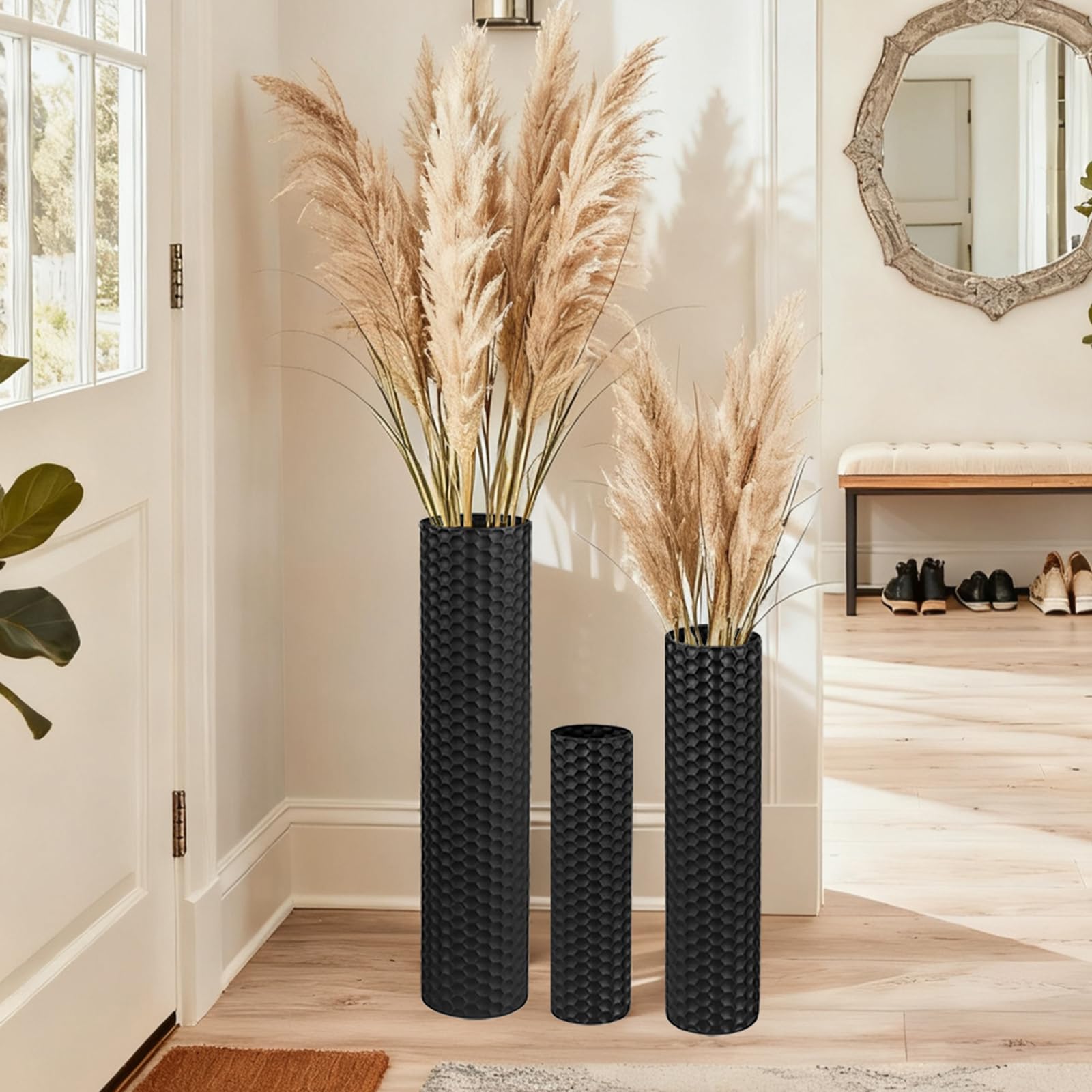 Black Tall Floor Vase - Set of 3 Extra Large Metal Decorative Vases for Living Room, 27.6" Long Modern Honeycomb Texture Big Cylinder Standing Corner Decor for Home Dining Bedroom Pampas Grass