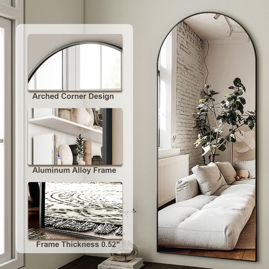 HARRITPURE 64"x21" Arched Full Length Mirror Floor Mirrors with Aluminum Alloy Frame Free-Standing Wall Mounted or Leaning Large Bedroom Dressing Mirror Modern & Contemporary Decor for Home,Black