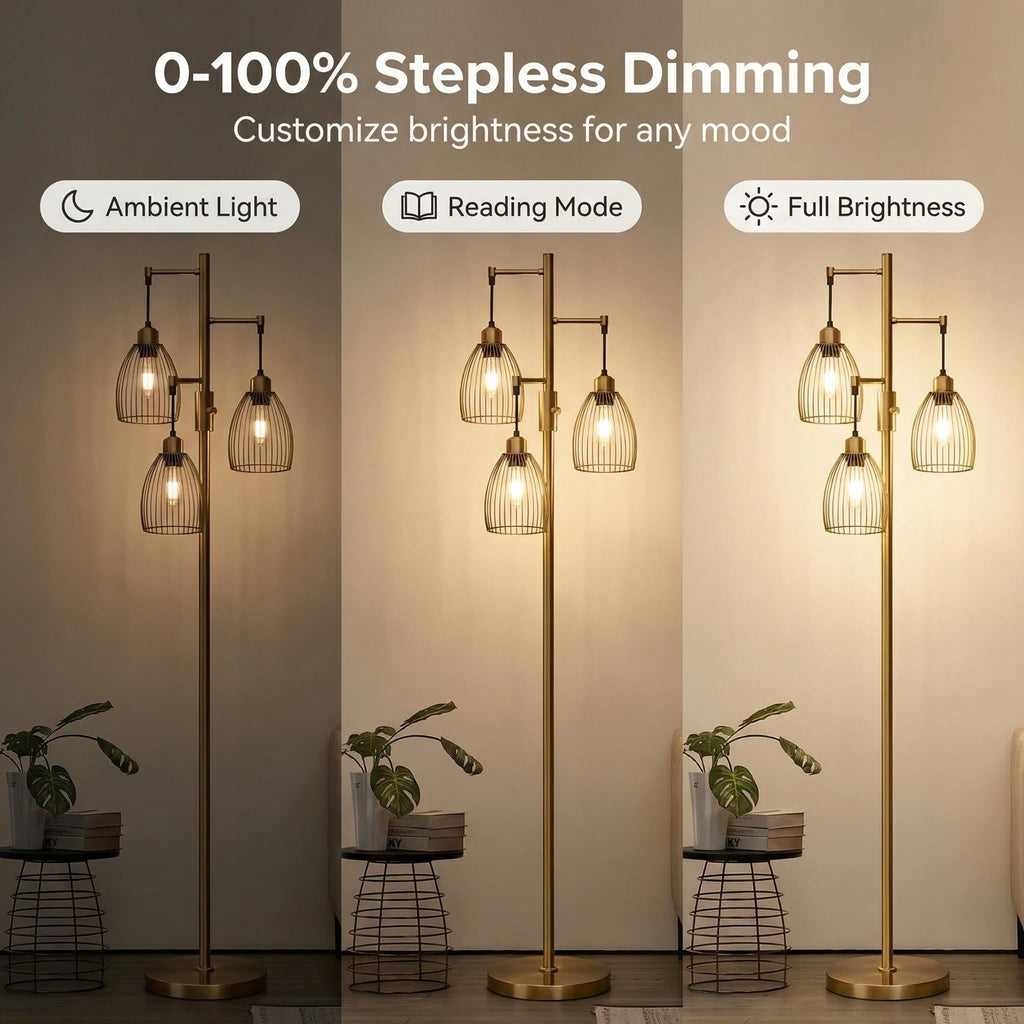 Dimmable Floor Lamp, Industrial Floor Lamps for Living Room, Gold Tree Lamp Standing Lamp Tall Lamps with 3 Elegant Teardrop Cage Head & 800 Lumens LED Bulbs for Living room Bedroom Office Dining Room