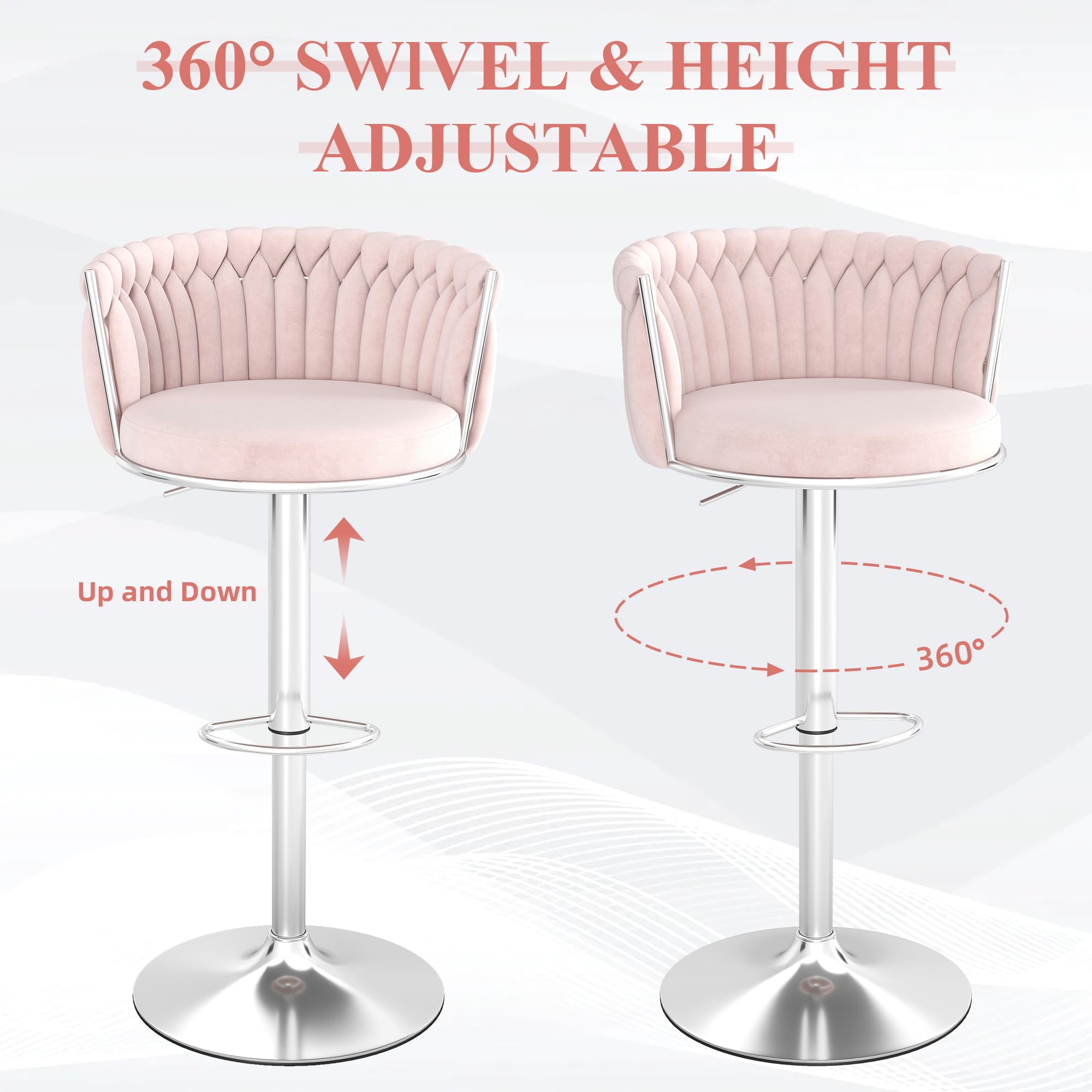 ABET Gold Bar Stool Set of 2, Velvet Swivel Barstools, Height Adjustable Counter Stools with Woven Back, Upholstered Modern Luxury Kitchen Stools with Footrest for Cafe, Pub, Black