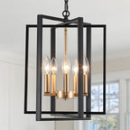 Black Gold Chandelier for Dining Room, Modern Farmhouse 3 Light Entryway Pendant Light Fixture Adjustable Geometric Industrial Rustic Foyer Light for Living Room Kitchen Island Hallway Bedroom