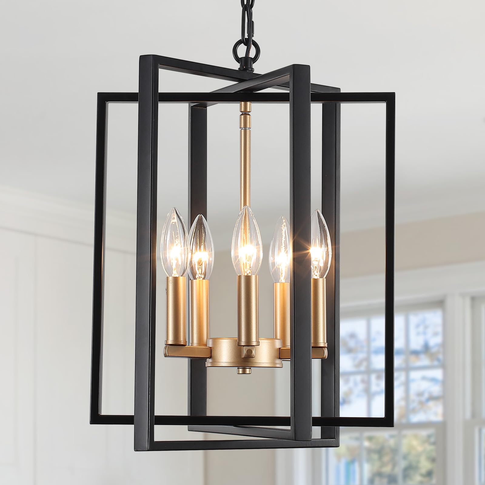Black Gold Chandelier for Dining Room, Modern Farmhouse 3 Light Entryway Pendant Light Fixture Adjustable Geometric Industrial Rustic Foyer Light for Living Room Kitchen Island Hallway Bedroom