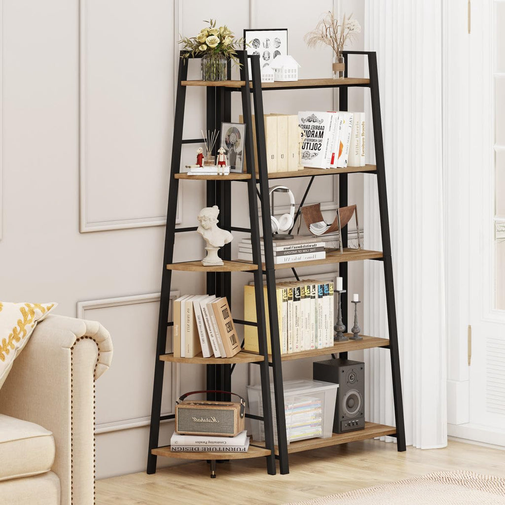 BON AUGURE 5-Tier Corner Ladder Shelf Stand, Black Metal Wood Corner Bookshelf, Narrow Tall Display Bookcase Shelving Unit for Living Room, Home Office, Small Space (Rustic Oak)