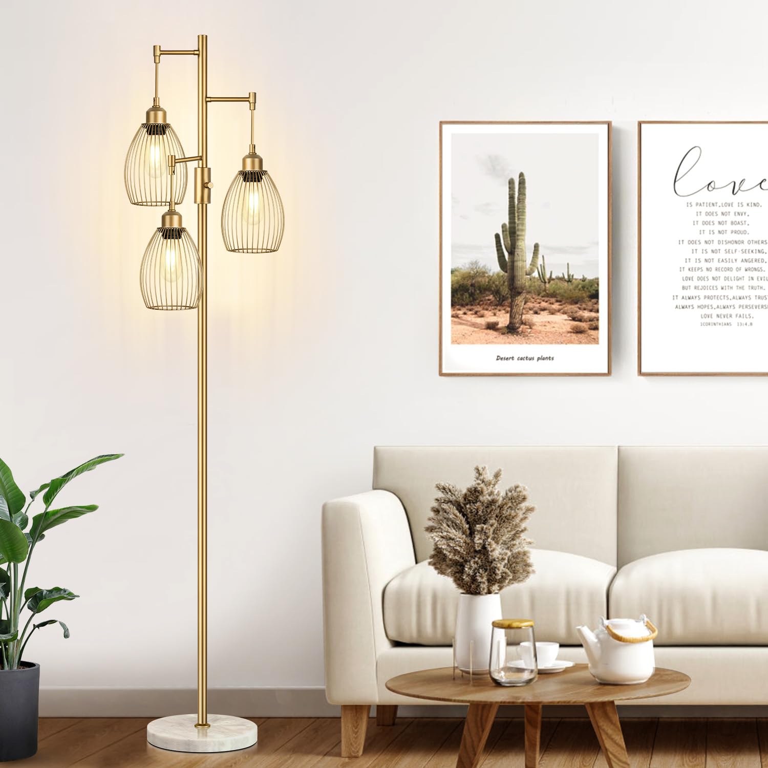 Dimmable Floor Lamp, Industrial Floor Lamps for Living Room, Gold Tree Lamp Standing Lamp Tall Lamps with 3 Elegant Teardrop Cage Head & 800 Lumens LED Bulbs for Living room Bedroom Office Dining Room