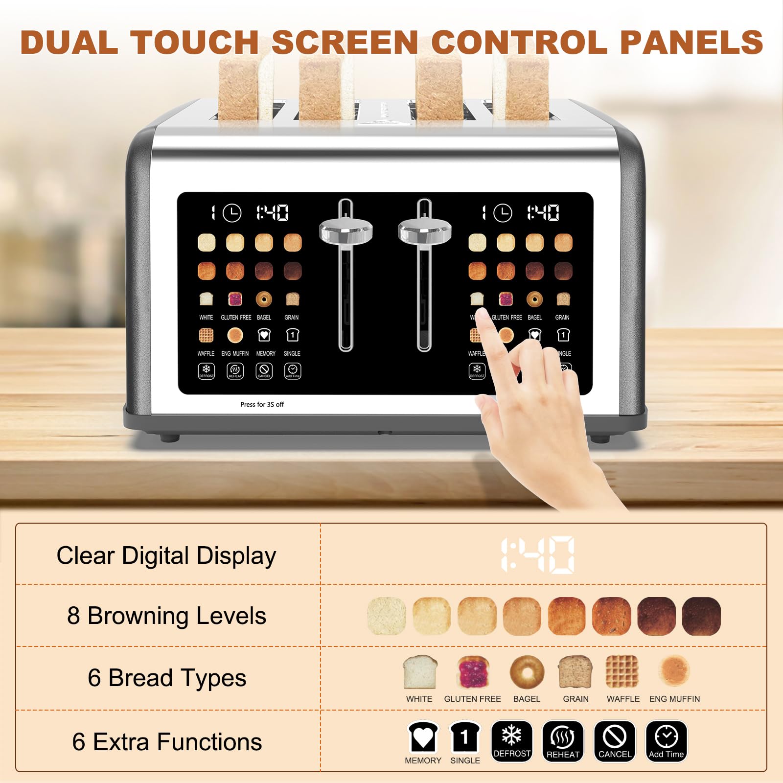 4 Slice Toaster Touch Screen, Stainless Steel Toasters Digital Timer, Dual Control Panel Toasters, 8 Shade Settings 6 Bread Types for Bagel, Cancel, Defrost 1650W