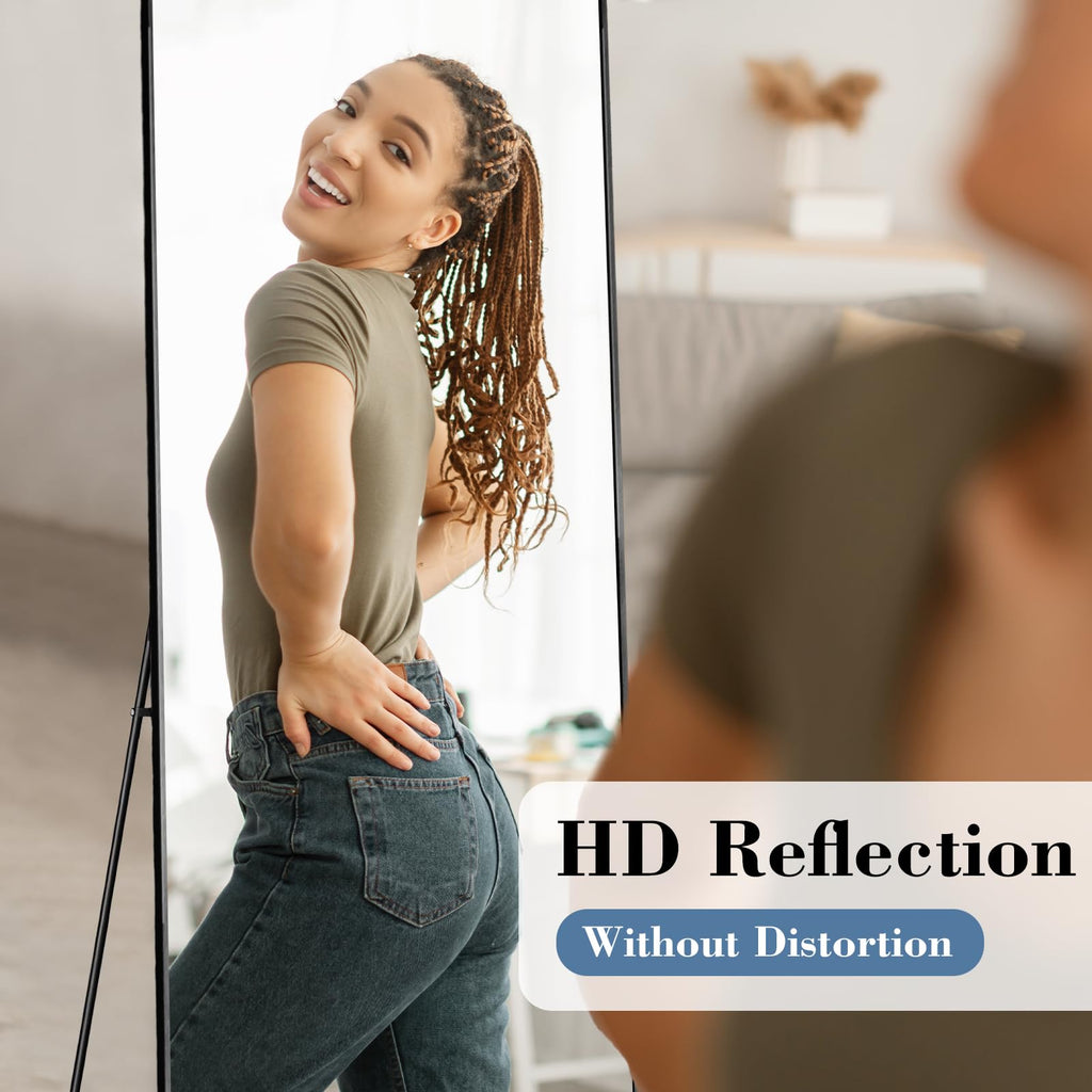 DUMOS Arched Full Length Mirror with Stand 64"x21" Floor Standing Aluminum Frame for Bedroom Body Hanging Leaning Modern Simple Home Decor Shatter-proorf Nano Glass Wall Living Room Cloakroom Black
