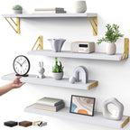BAYKA Floating Shelves for Bedroom Decor, Wall Shelves for Storage, Wall Mounted Rustic Wood Floating Shelf for Books,Corner Shelf for Bathroom,Kitchen,Living Room(Black and Gold，Set of 4)