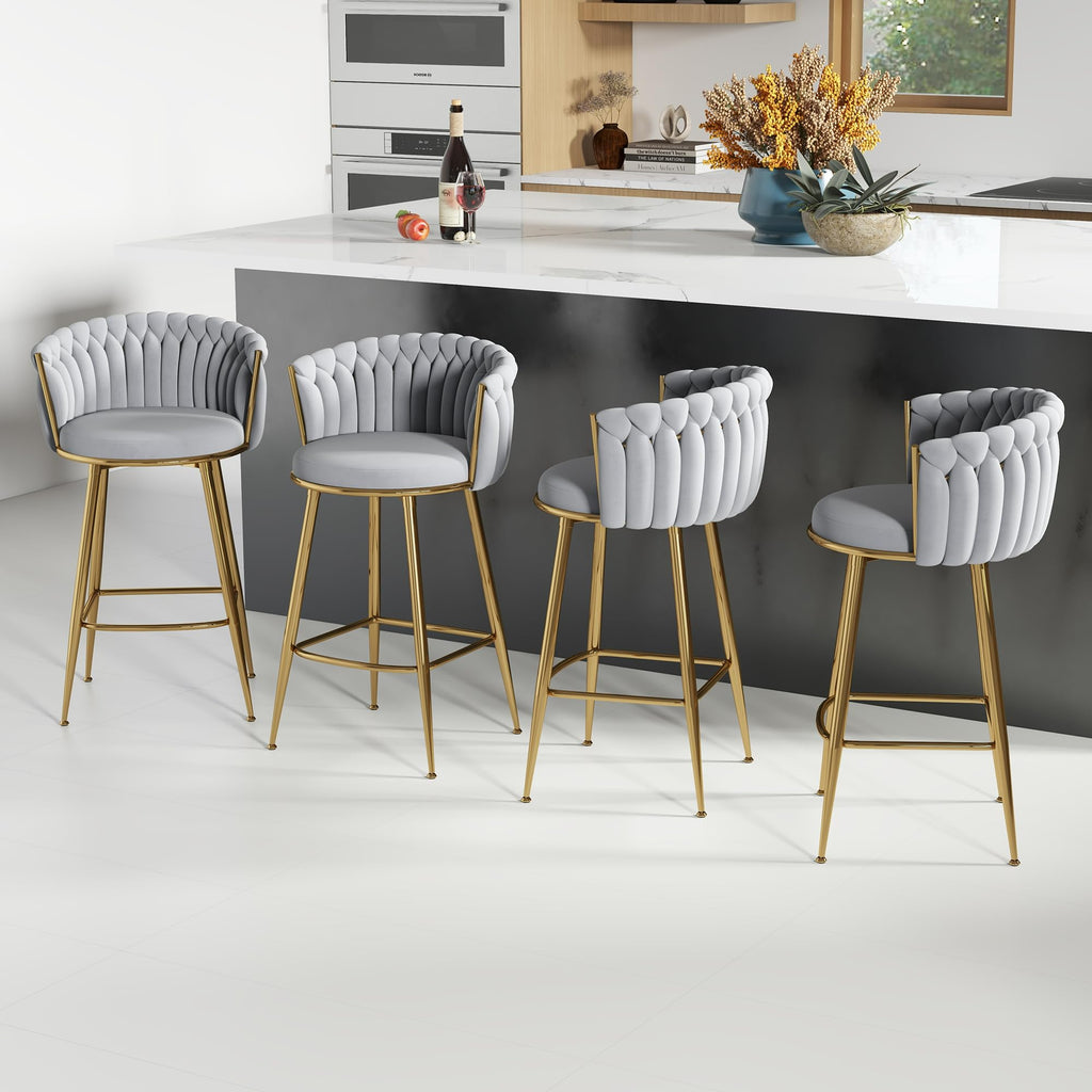 ABET Gold Bar Stool Set of 2, Velvet Swivel Barstools, Height Adjustable Counter Stools with Woven Back, Upholstered Modern Luxury Kitchen Stools with Footrest for Cafe, Pub, Black