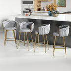 ABET Gold Bar Stool Set of 2, Velvet Swivel Barstools, Height Adjustable Counter Stools with Woven Back, Upholstered Modern Luxury Kitchen Stools with Footrest for Cafe, Pub, Black