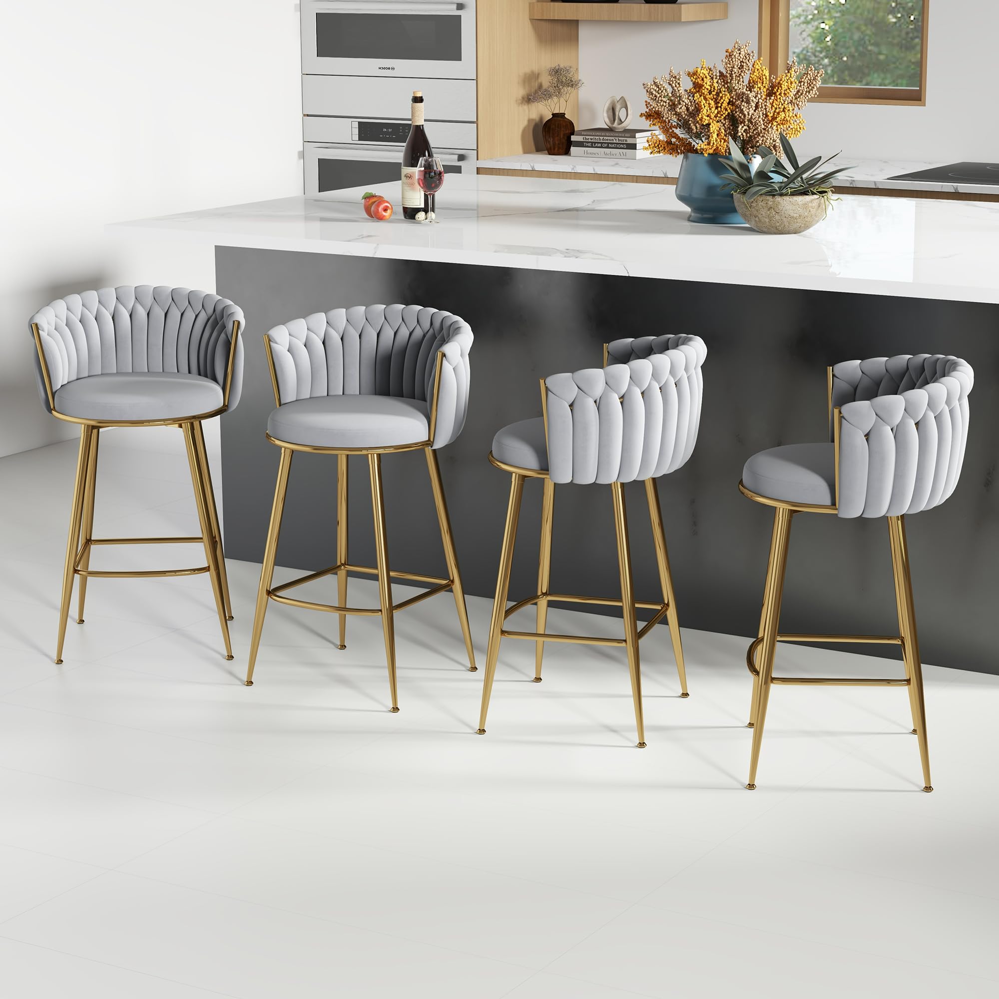 ABET Gold Bar Stool Set of 2, Velvet Swivel Barstools, Height Adjustable Counter Stools with Woven Back, Upholstered Modern Luxury Kitchen Stools with Footrest for Cafe, Pub, Black