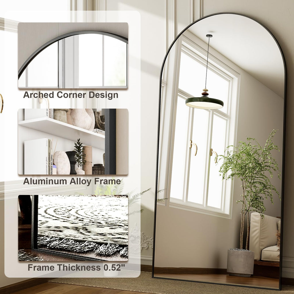HARRITPURE 64"x21" Arched Full Length Mirror Floor Mirrors with Aluminum Alloy Frame Free-Standing Wall Mounted or Leaning Large Bedroom Dressing Mirror Modern & Contemporary Decor for Home,Black