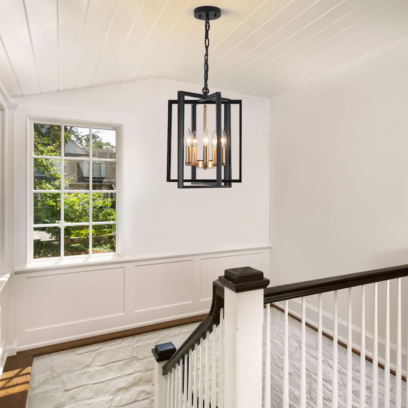 Black Gold Chandelier for Dining Room, Modern Farmhouse 3 Light Entryway Pendant Light Fixture Adjustable Geometric Industrial Rustic Foyer Light for Living Room Kitchen Island Hallway Bedroom