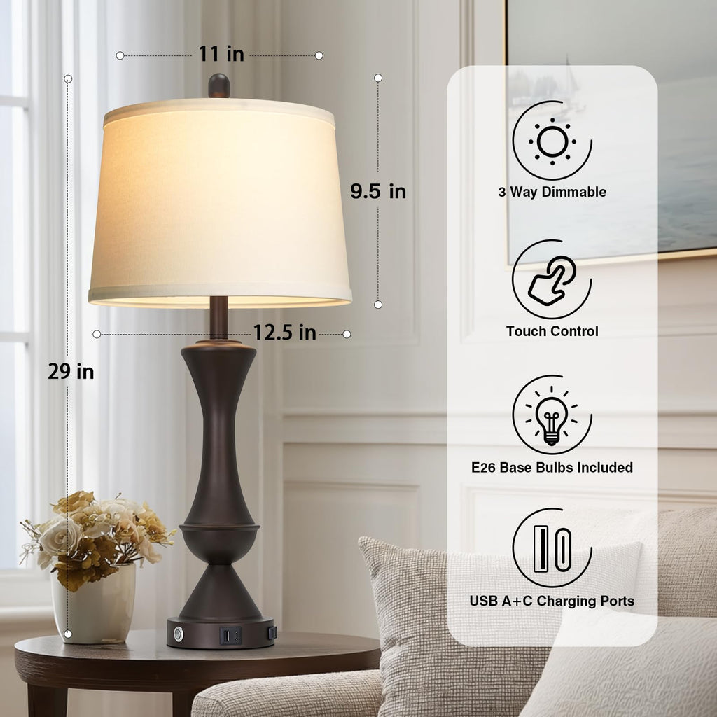29" Gold Modern Table Lamps Set of 2, 3-Way Dimmable Touch Lamps for Nightstand with USB A+C & Outlets,Brass Lamps for Living Room, Bedroom, Nightstand, Entryway(2 Bulbs Included)