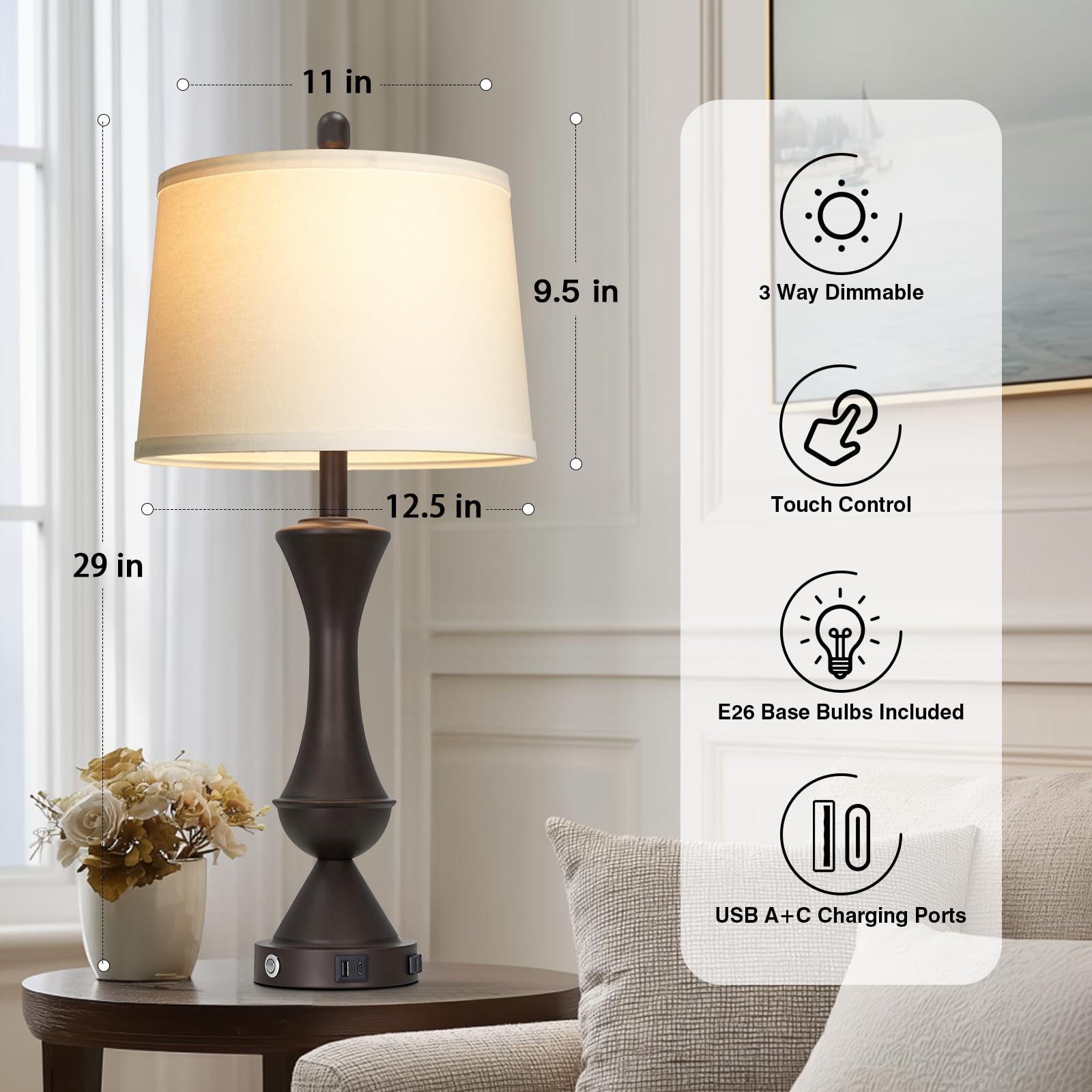 29" Gold Modern Table Lamps Set of 2, 3-Way Dimmable Touch Lamps for Nightstand with USB A+C & Outlets,Brass Lamps for Living Room, Bedroom, Nightstand, Entryway(2 Bulbs Included)
