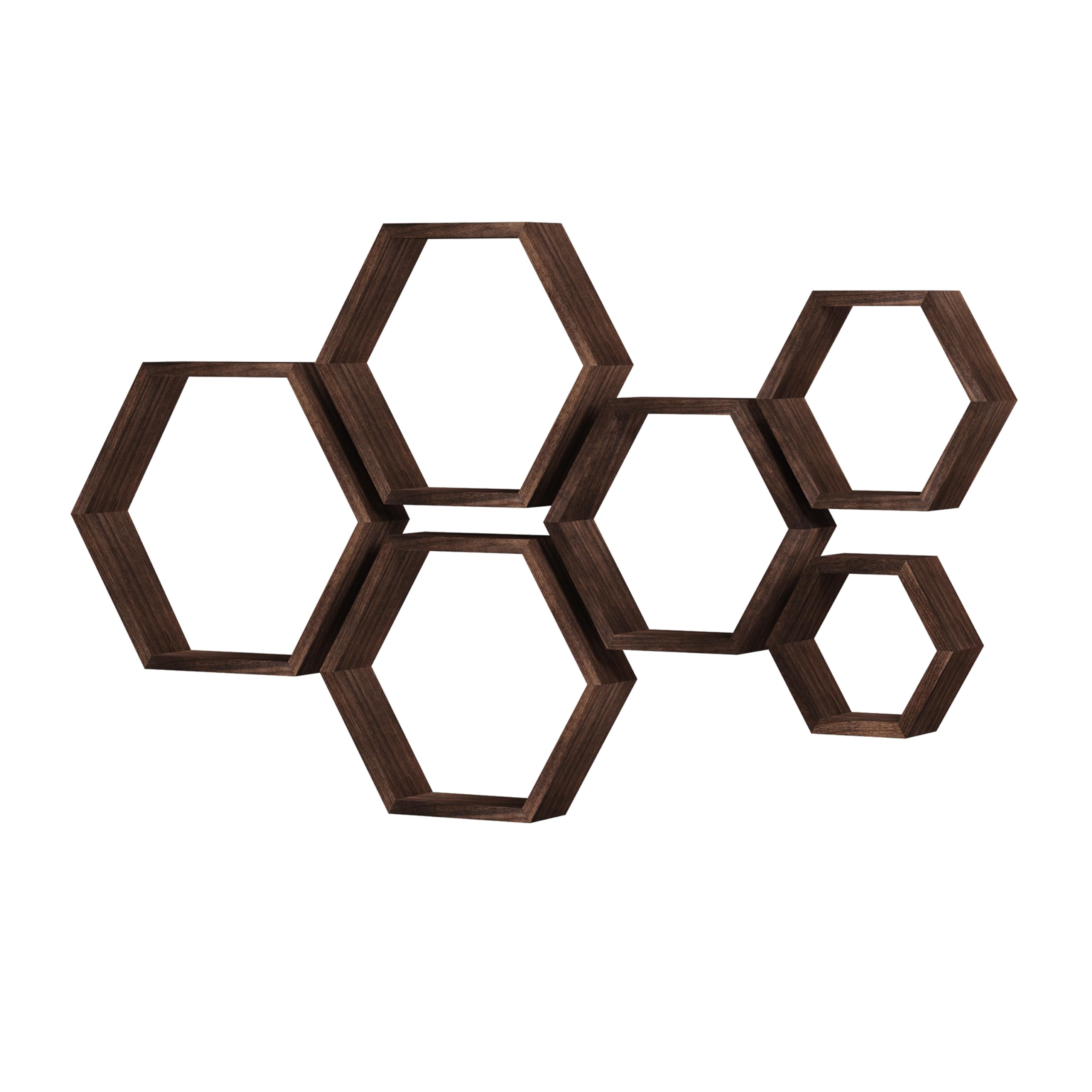 WONFUlity Hexagon Floating Shelves Honeycomb Shelves Wall Mounted Wood Farmhouse Storage Wall Shelf for Bathroom, Kitchen, Bedroom, Living Room,Driftwood Finish Decor,Dark Brwon
