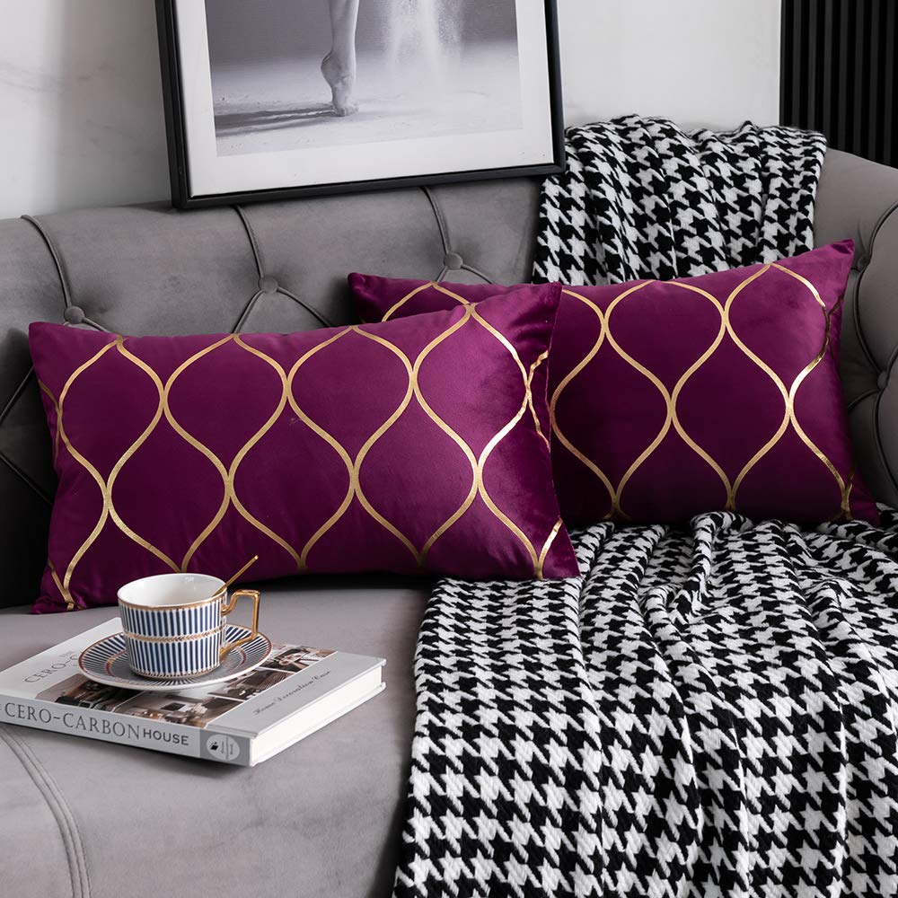 DEZENE 12x20 Inch Gold Velvet Throw Pillow Covers: 2 Pack Rectangular Decorative Pillow Cases for Bedroom Sofa Couch Living Room, Black