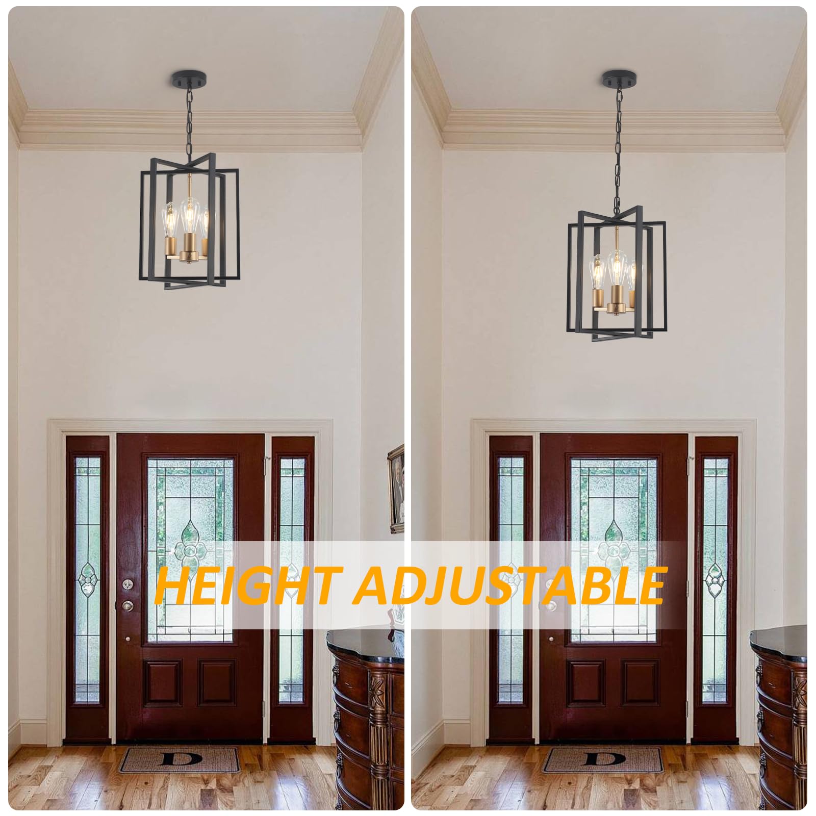 Black Gold Chandelier for Dining Room, Modern Farmhouse 3 Light Entryway Pendant Light Fixture Adjustable Geometric Industrial Rustic Foyer Light for Living Room Kitchen Island Hallway Bedroom