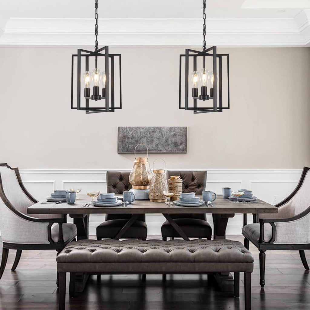 Black Gold Chandelier for Dining Room, Modern Farmhouse 3 Light Entryway Pendant Light Fixture Adjustable Geometric Industrial Rustic Foyer Light for Living Room Kitchen Island Hallway Bedroom