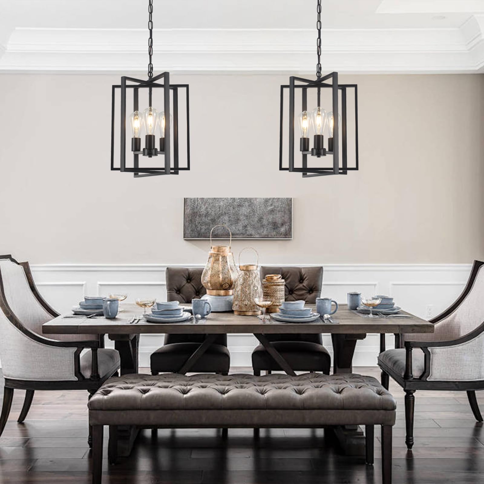 Black Gold Chandelier for Dining Room, Modern Farmhouse 3 Light Entryway Pendant Light Fixture Adjustable Geometric Industrial Rustic Foyer Light for Living Room Kitchen Island Hallway Bedroom